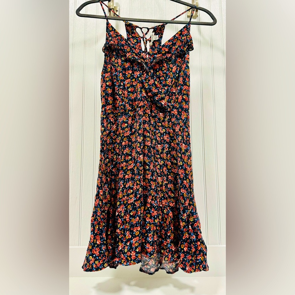 American Eagle Outfitters - EUC Navy Floral Lace-up Back V-neck Mini Dress, Med